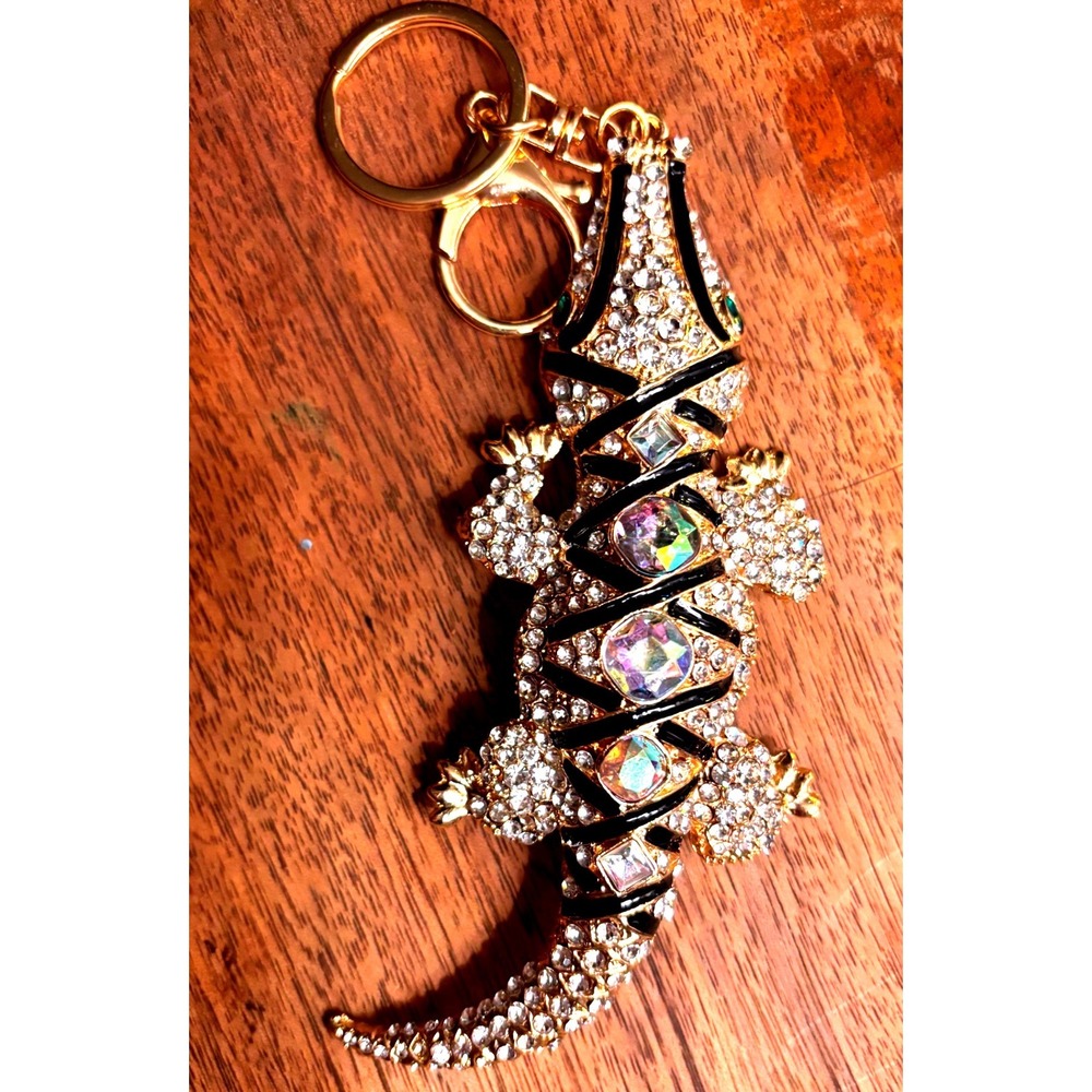 Gold Tone Rhinestone Crocodile Keychain AB Crystal Alligator Bag Charm Accessory
